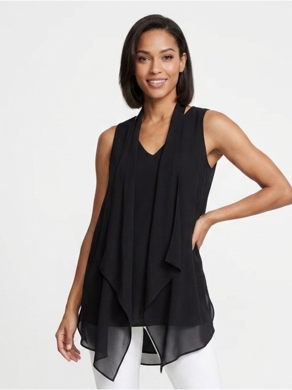 WHBM Black V Neck Sleeveless Scarf Tunic Top PS SP Petite Small $78 EUC